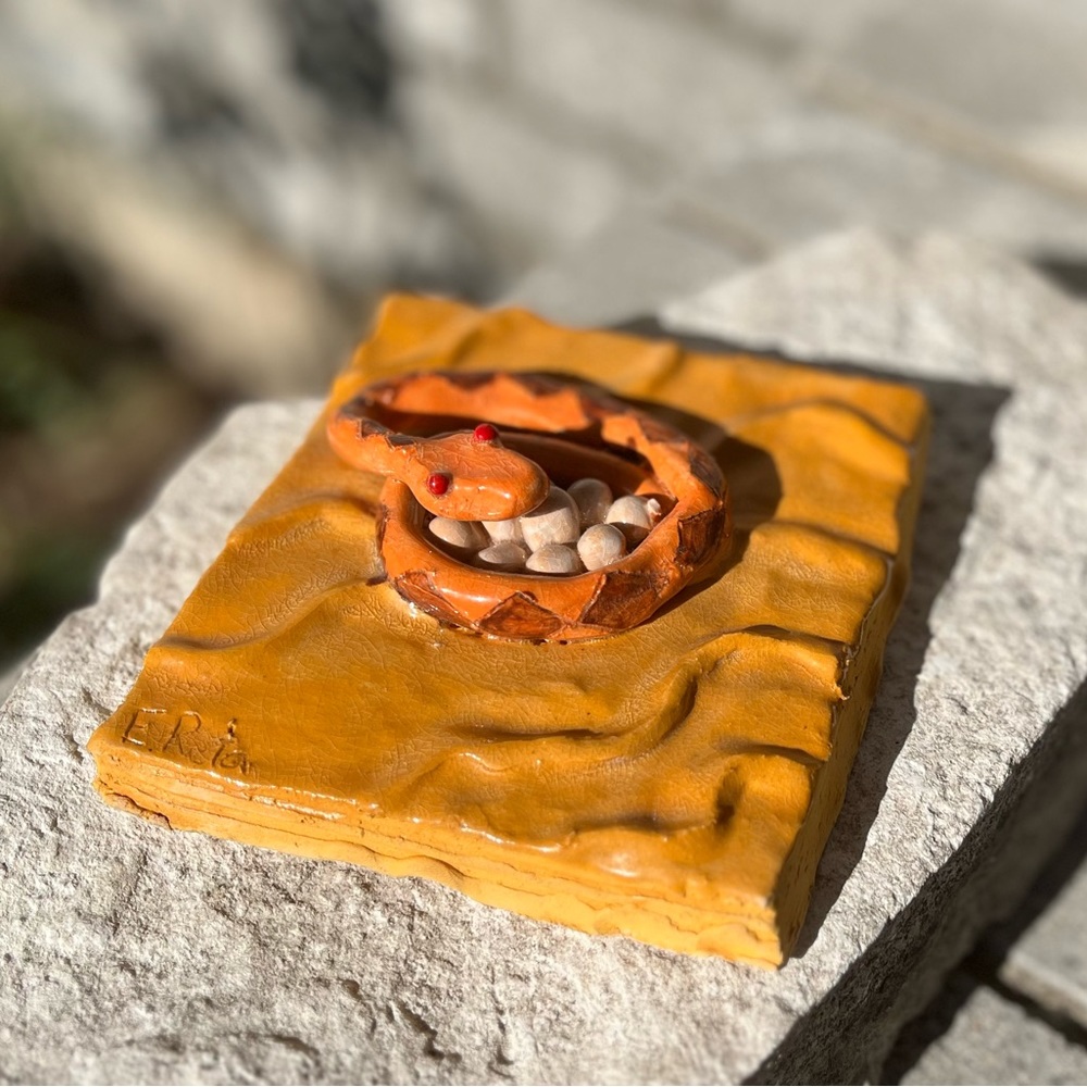 ONE OF A KIND CERAMIC TILE OF DESERT SNAKE WITH EGGS